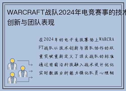 WARCRAFT战队2024年电竞赛事的技术创新与团队表现