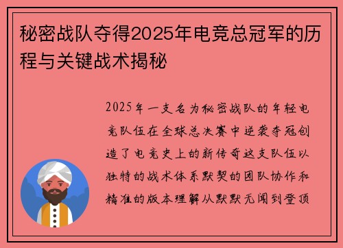 秘密战队夺得2025年电竞总冠军的历程与关键战术揭秘