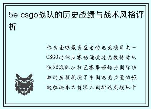 5e csgo战队的历史战绩与战术风格评析